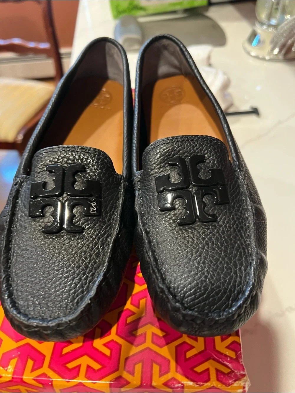 Tory Burch Black Pebbled Leather Logo Loafers